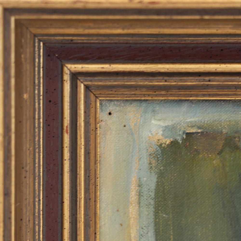 A mid-century oil painting on canvas depicting a stylized yellow figure in a garden setting, presented in a moulded gold frame. View VI