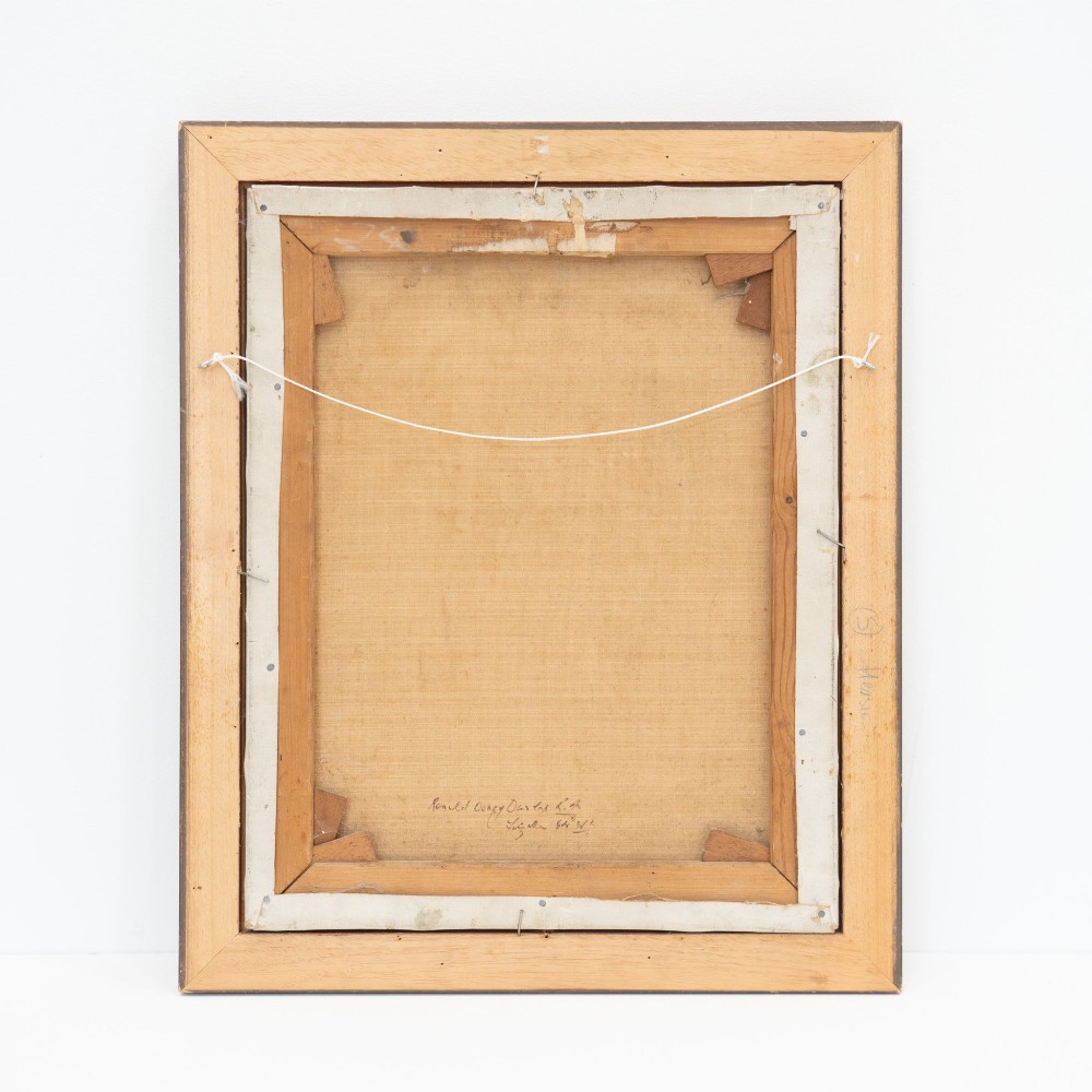 A mid-century oil painting on canvas depicting a stylized yellow figure in a garden setting, presented in a moulded gold frame. View VII