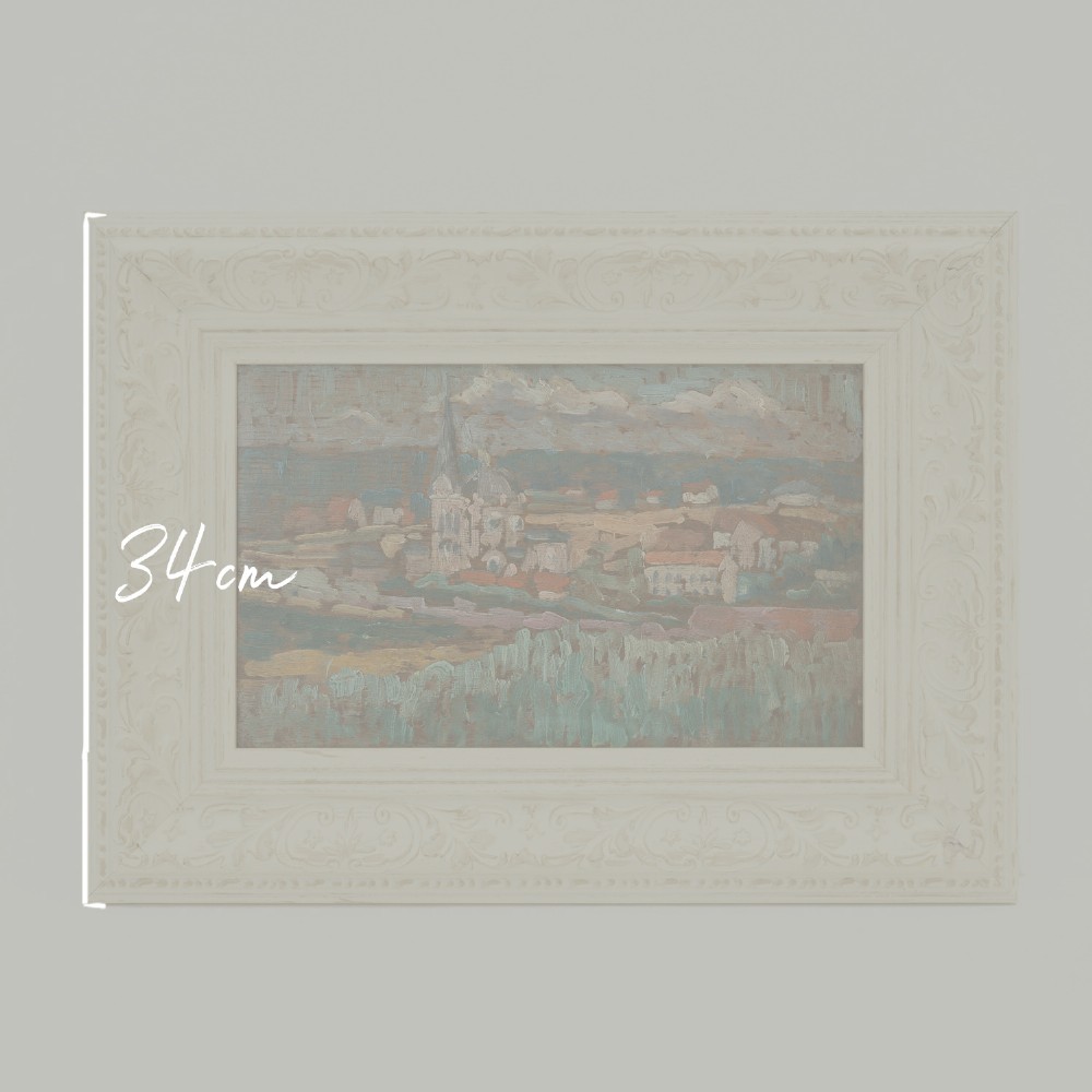 An oil painting on wooden panel depicting a European townscape with a central church spire, set within an off-white carved decorative frame. View II
