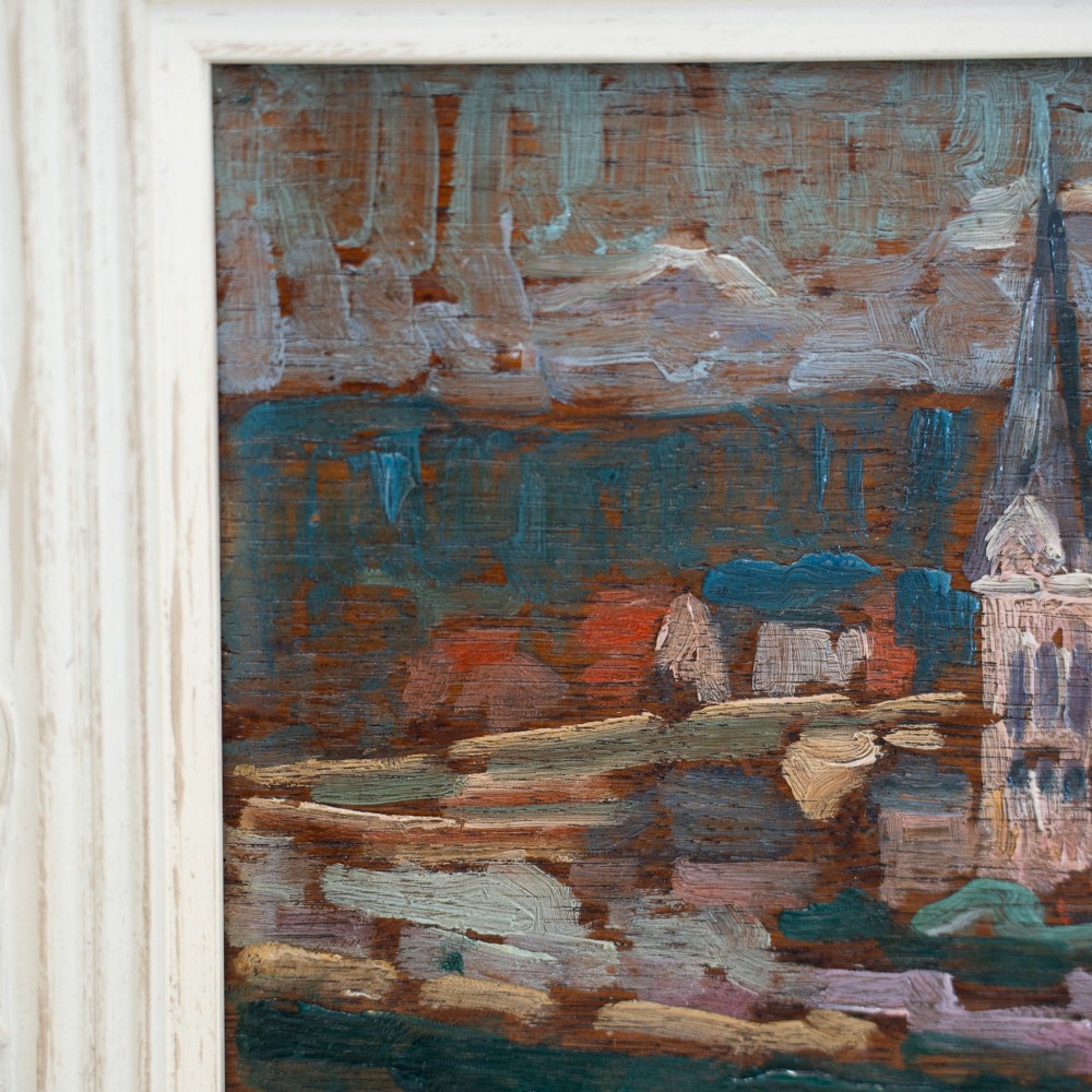 An oil painting on wooden panel depicting a European townscape with a central church spire, set within an off-white carved decorative frame. View VI