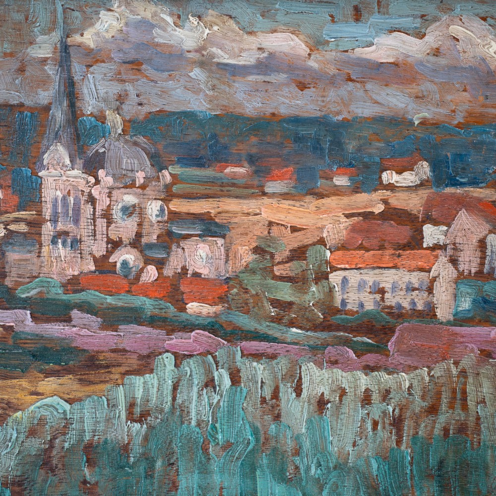 An oil painting on wooden panel depicting a European townscape with a central church spire, set within an off-white carved decorative frame. View VII