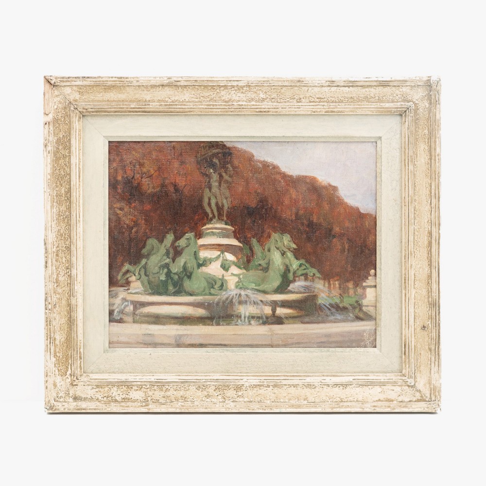 An impressionist oil painting on board by Alexander Jamieson depicting a classical fountain with green sculptures against autumn foliage, presented in a distressed cream painted frame.