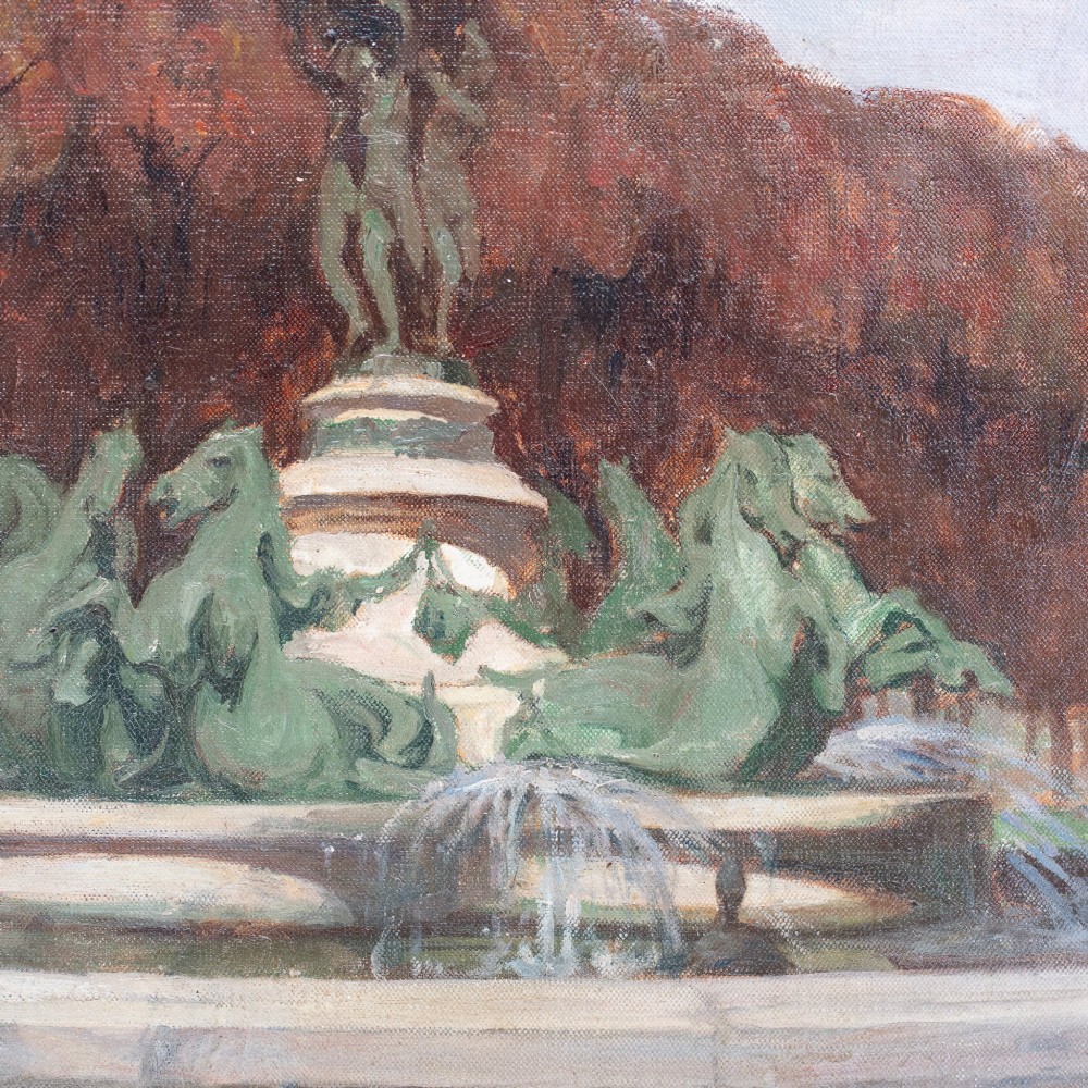 An impressionist oil painting on board by Alexander Jamieson depicting a classical fountain with green sculptures against autumn foliage, presented in a distressed cream painted frame. View III