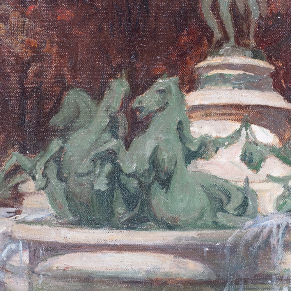 An impressionist oil painting on board by Alexander Jamieson depicting a classical fountain with green sculptures against autumn foliage, presented in a distressed cream painted frame. View V