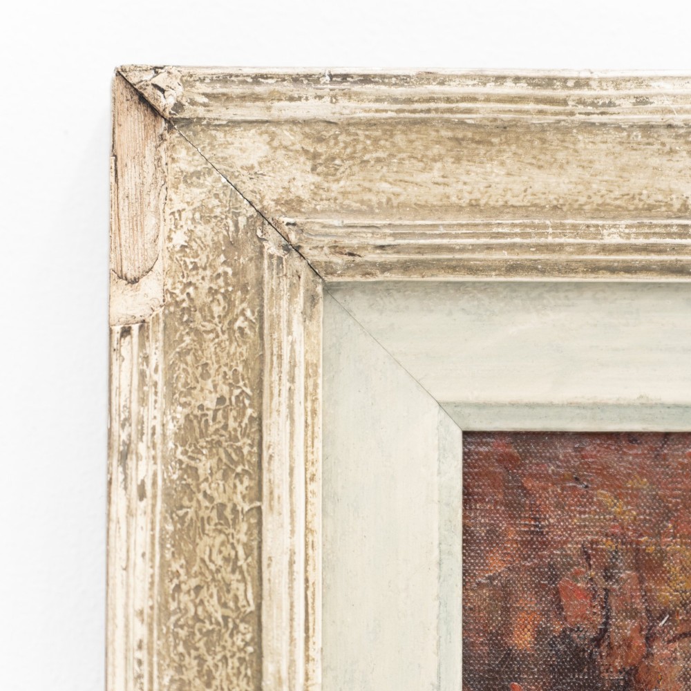An impressionist oil painting on board by Alexander Jamieson depicting a classical fountain with green sculptures against autumn foliage, presented in a distressed cream painted frame. View VI