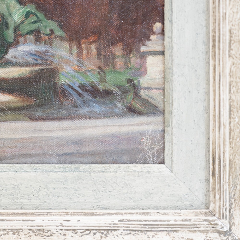 An impressionist oil painting on board by Alexander Jamieson depicting a classical fountain with green sculptures against autumn foliage, presented in a distressed cream painted frame. View VII