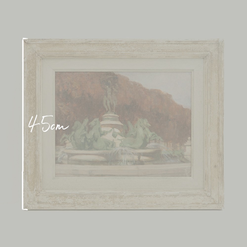 An impressionist oil painting on board by Alexander Jamieson depicting a classical fountain with green sculptures against autumn foliage, presented in a distressed cream painted frame. View VIII
