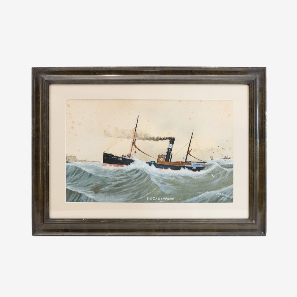 Framed watercolour and gouache painting depicting the steamship S.S. Greyhound navigating choppy sea waves within a dark wooden frame.