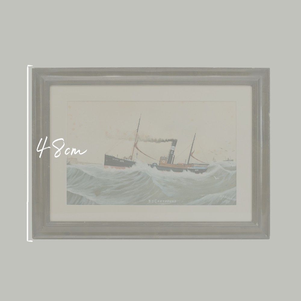 Framed watercolour and gouache painting depicting the steamship S.S. Greyhound navigating choppy sea waves within a dark wooden frame. View II