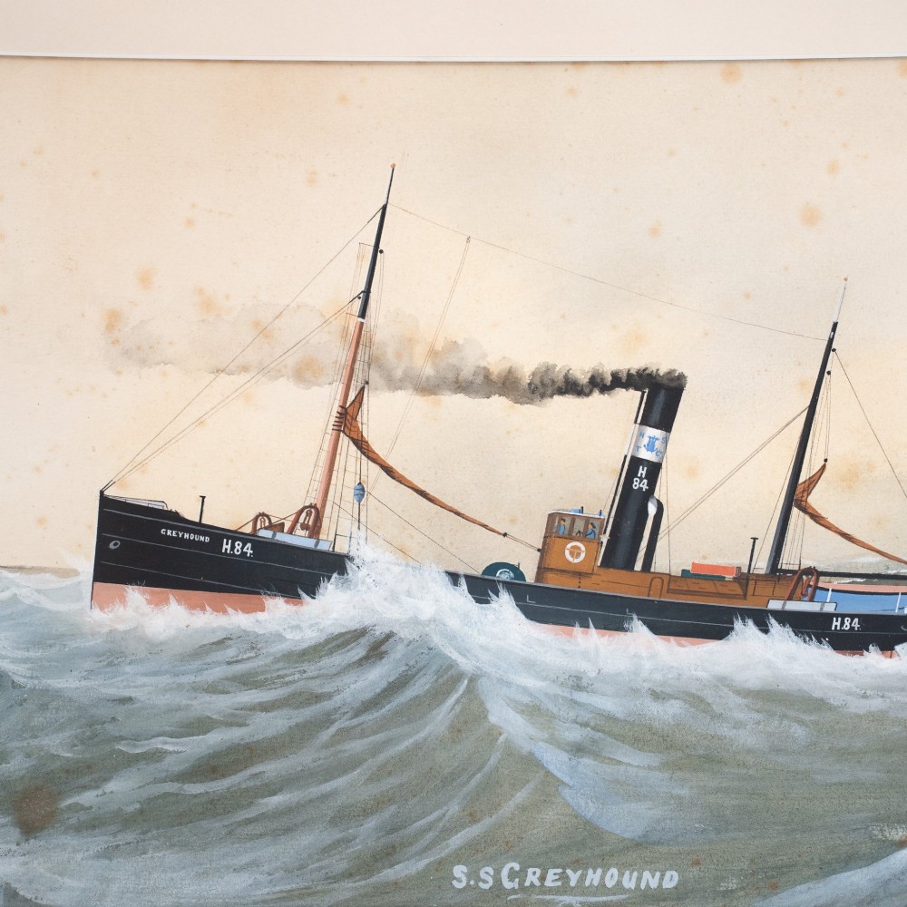 Framed watercolour and gouache painting depicting the steamship S.S. Greyhound navigating choppy sea waves within a dark wooden frame. View IV