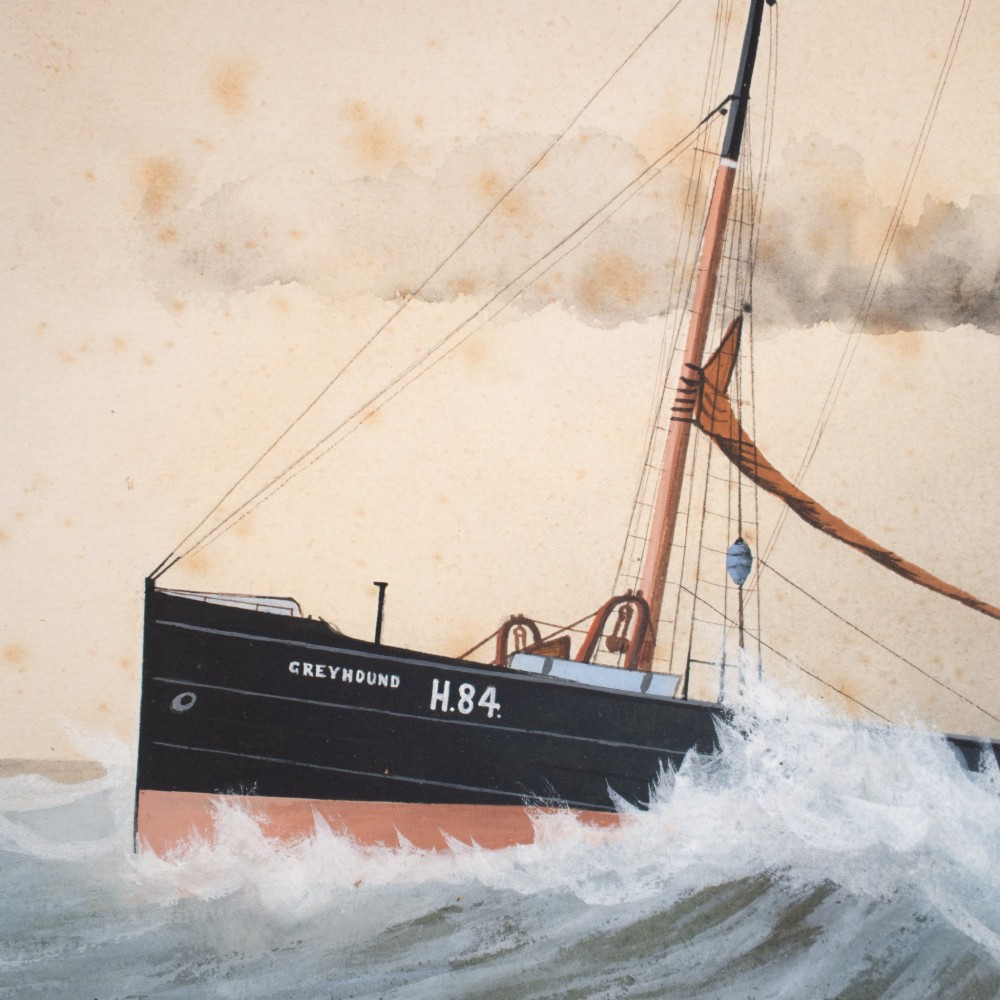 Framed watercolour and gouache painting depicting the steamship S.S. Greyhound navigating choppy sea waves within a dark wooden frame. View V