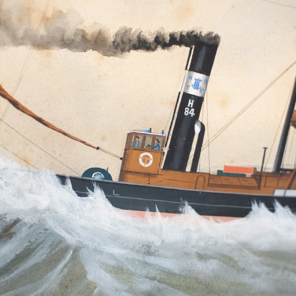 Framed watercolour and gouache painting depicting the steamship S.S. Greyhound navigating choppy sea waves within a dark wooden frame. View VI