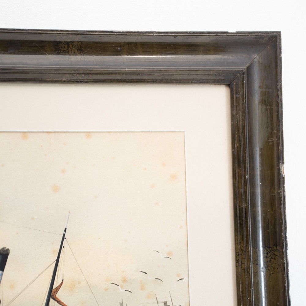Framed watercolour and gouache painting depicting the steamship S.S. Greyhound navigating choppy sea waves within a dark wooden frame. View VIII