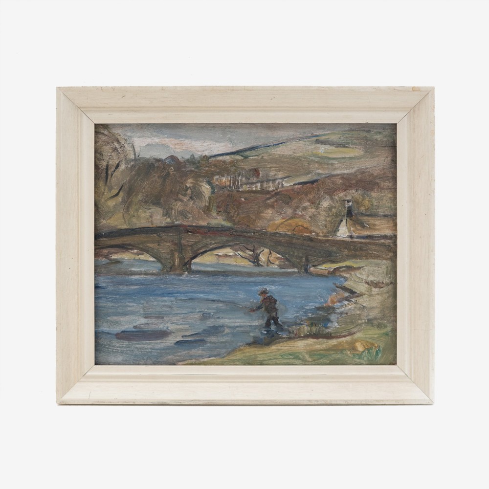 An oil painting on wooden panel depicting a person fishing in a blue river near an arched stone bridge, enclosed in a pale grey painted frame.