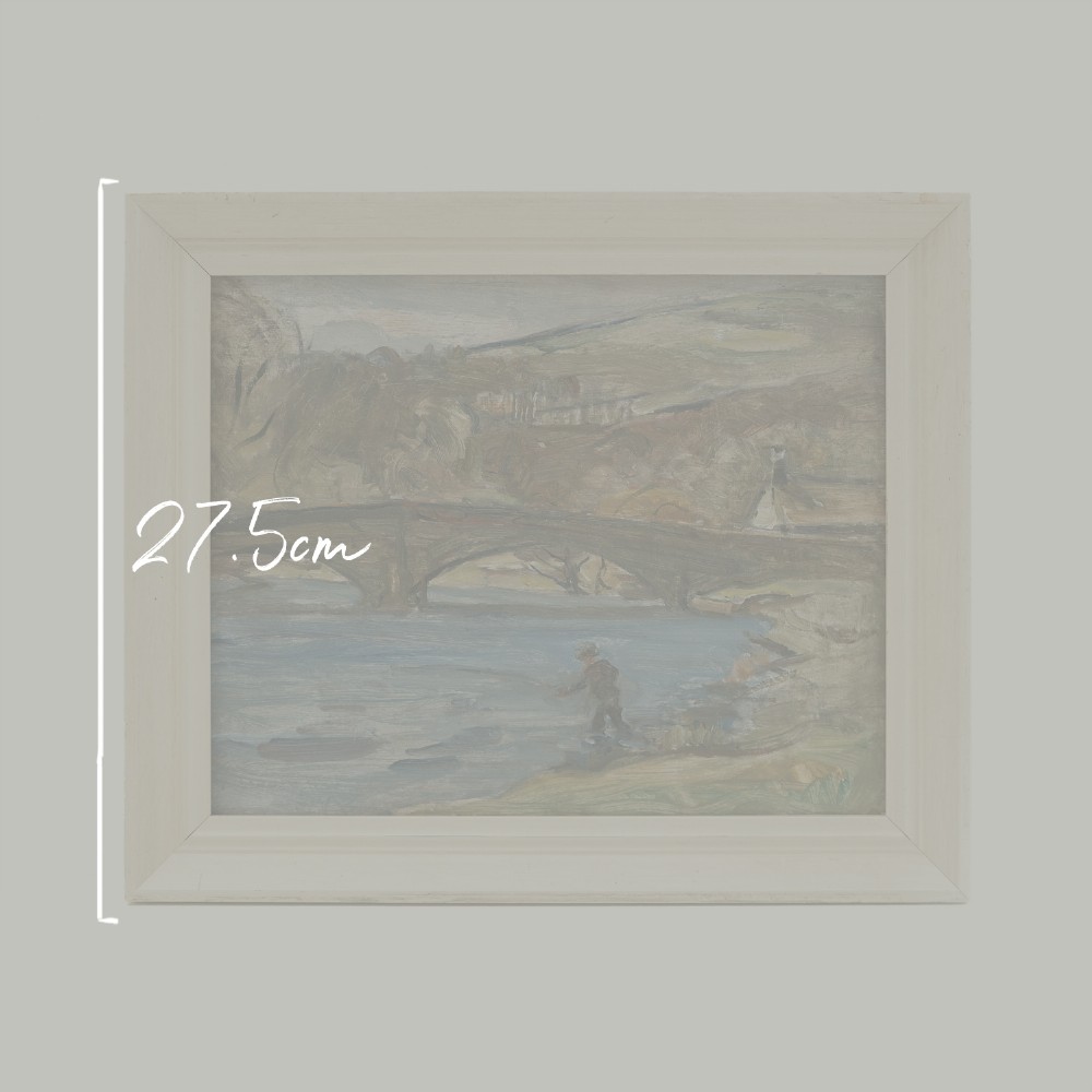 An oil painting on wooden panel depicting a person fishing in a blue river near an arched stone bridge, enclosed in a pale grey painted frame. View II