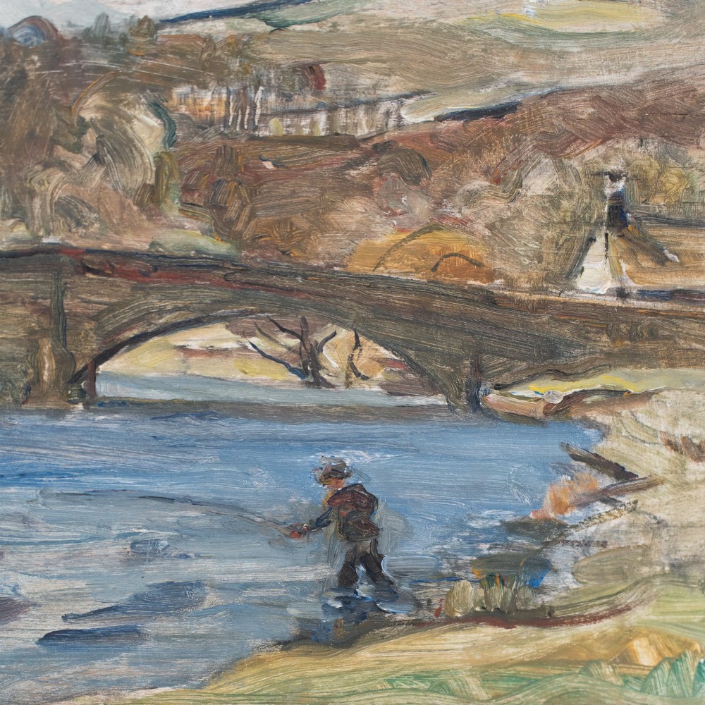 An oil painting on wooden panel depicting a person fishing in a blue river near an arched stone bridge, enclosed in a pale grey painted frame. View III