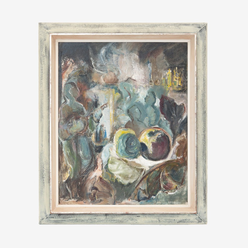 An expressionist oil painting on board featuring atmospheric figures and still life forms in tones of blue, green, and brown inside a painted light grey wooden frame.