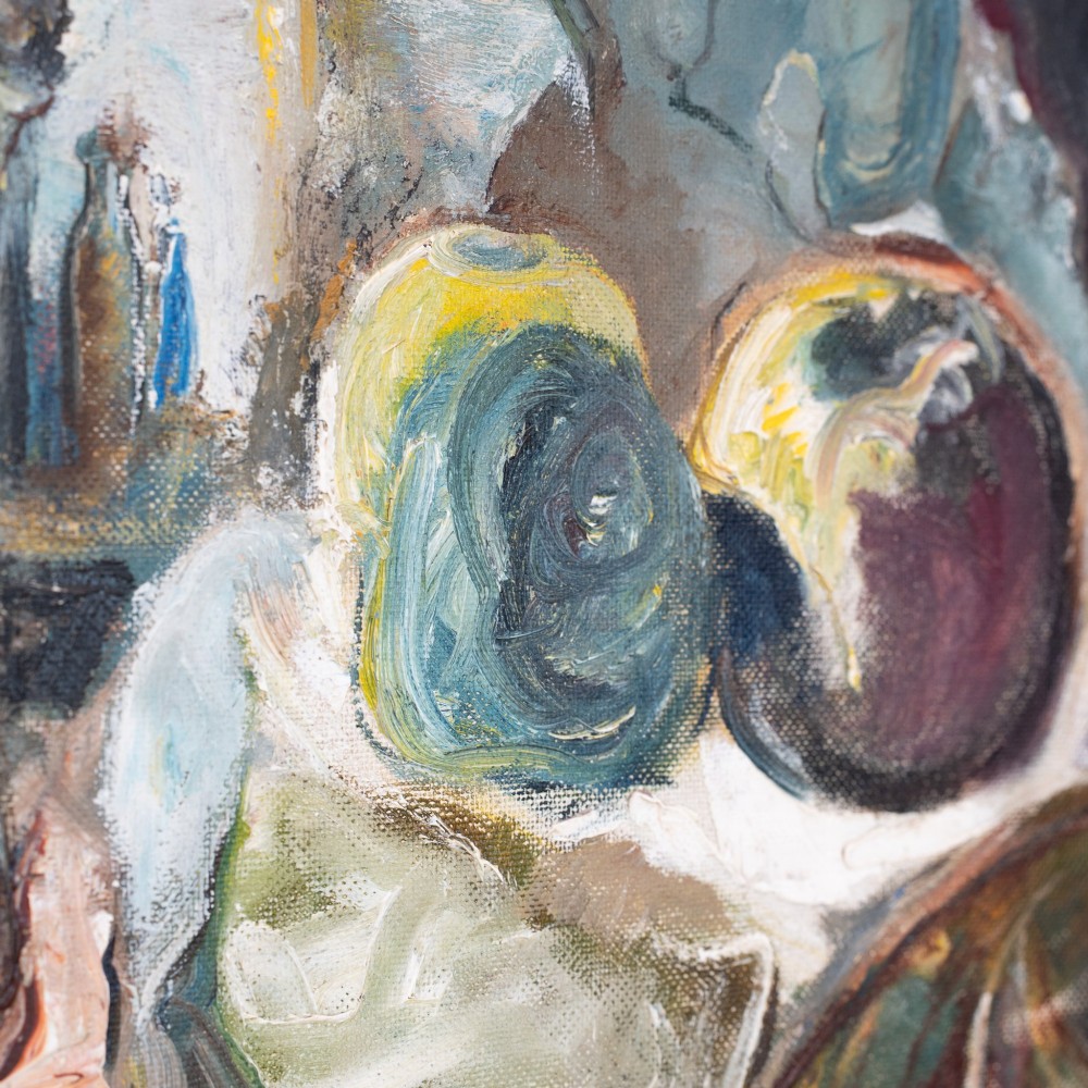 An expressionist oil painting on board featuring atmospheric figures and still life forms in tones of blue, green, and brown inside a painted light grey wooden frame. View III