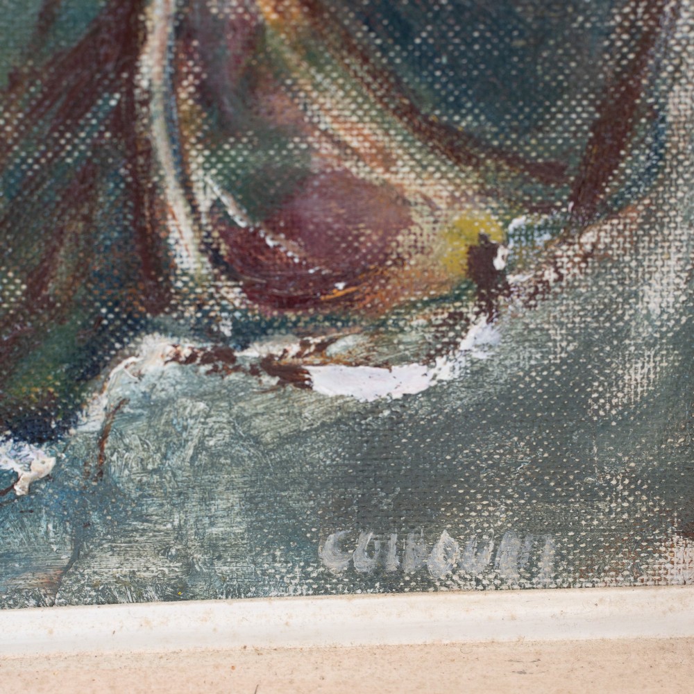 An expressionist oil painting on board featuring atmospheric figures and still life forms in tones of blue, green, and brown inside a painted light grey wooden frame. View VI
