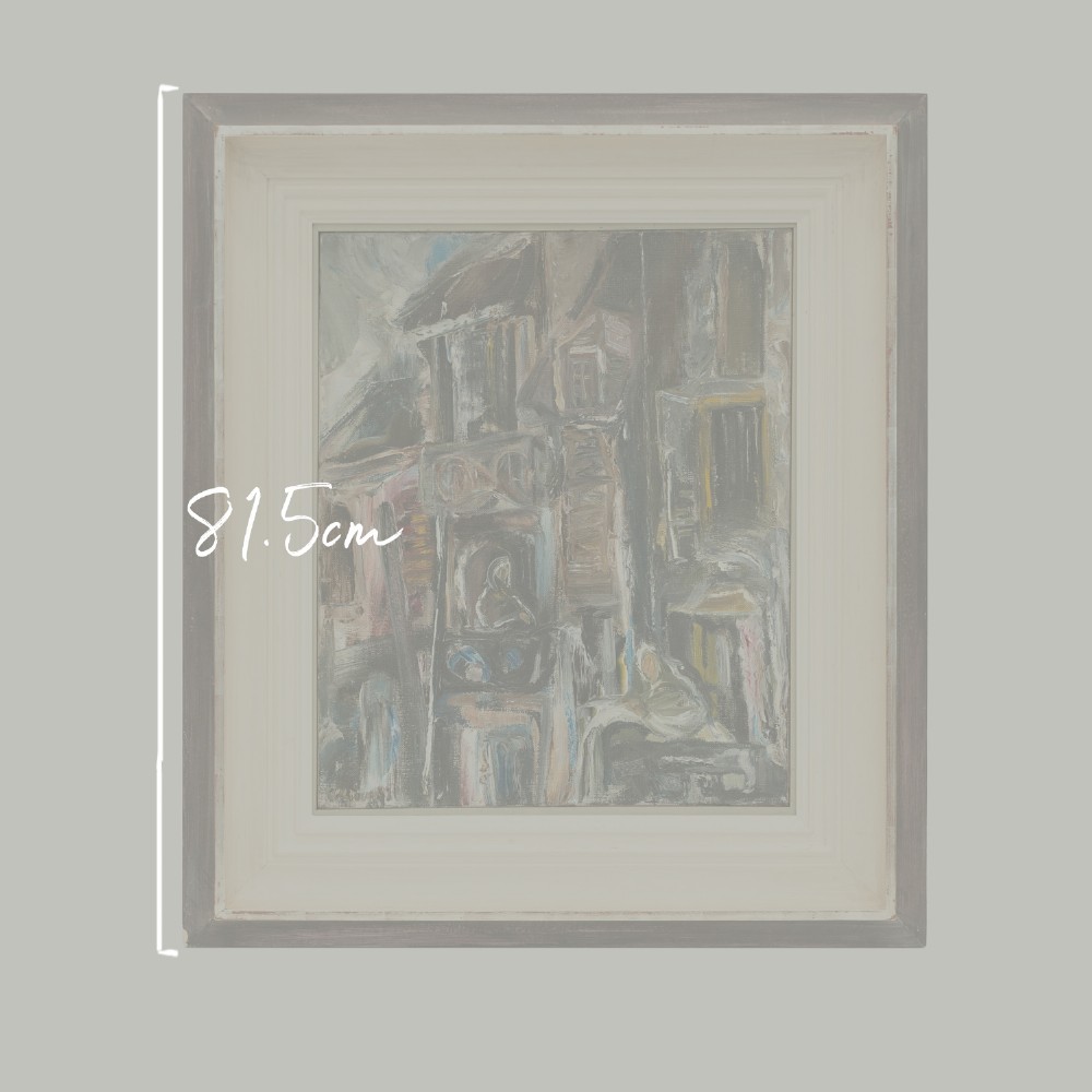 An expressionist oil painting depicting tall Parisian houses in muted earthy tones, framed within a deep off-white and dark wood stepped moulding. View II