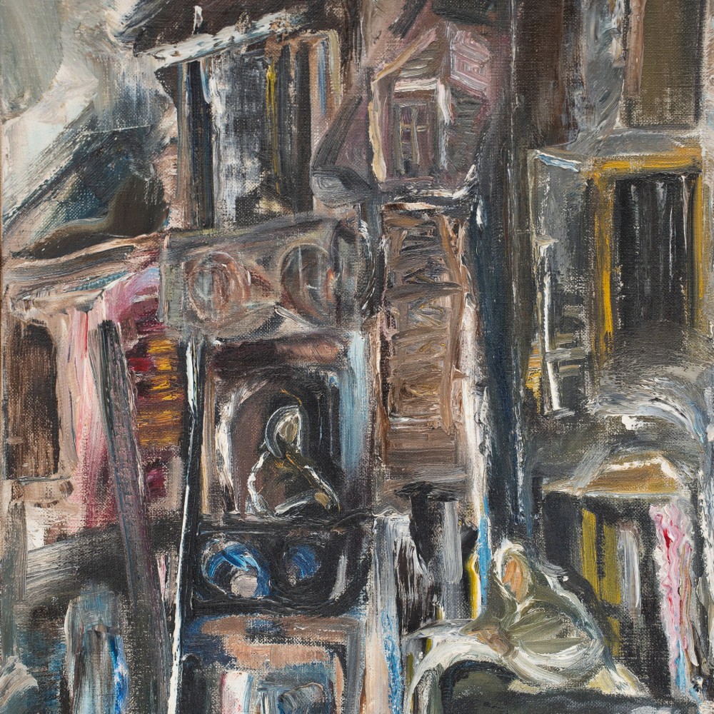 An expressionist oil painting depicting tall Parisian houses in muted earthy tones, framed within a deep off-white and dark wood stepped moulding. View III