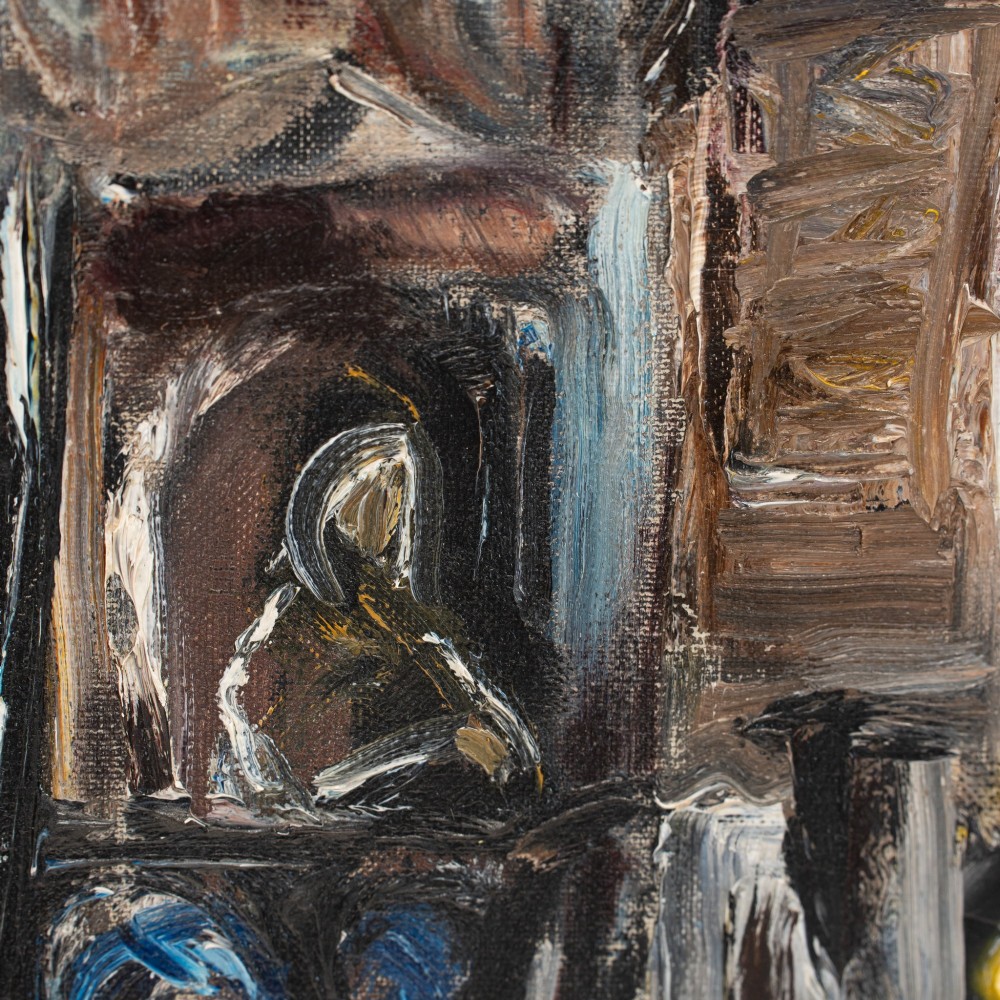 An expressionist oil painting depicting tall Parisian houses in muted earthy tones, framed within a deep off-white and dark wood stepped moulding. View IV