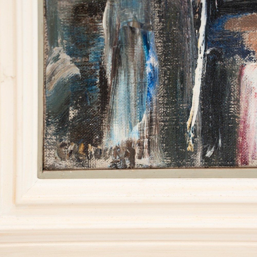 An expressionist oil painting depicting tall Parisian houses in muted earthy tones, framed within a deep off-white and dark wood stepped moulding. View V