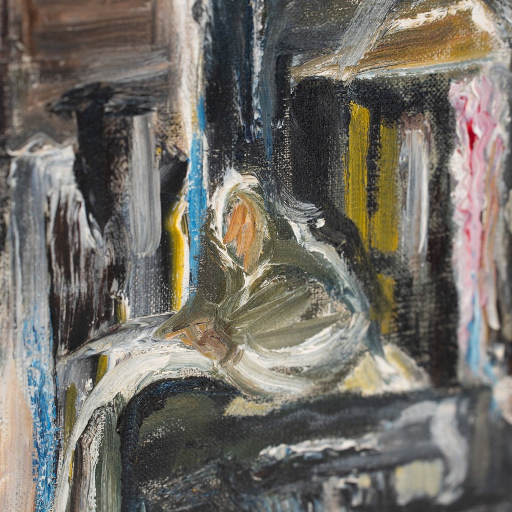 An expressionist oil painting depicting tall Parisian houses in muted earthy tones, framed within a deep off-white and dark wood stepped moulding. View VI