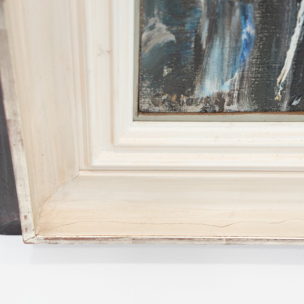 An expressionist oil painting depicting tall Parisian houses in muted earthy tones, framed within a deep off-white and dark wood stepped moulding. View VII