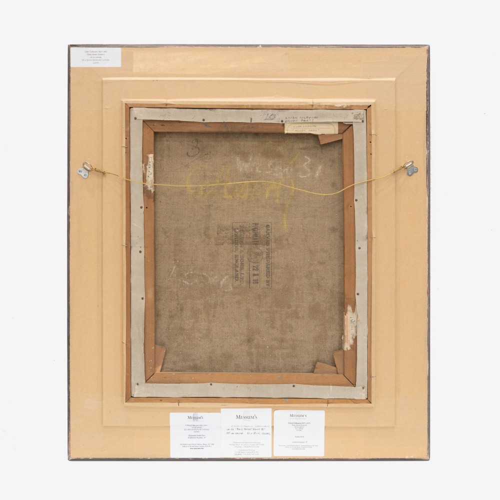 An expressionist oil painting depicting tall Parisian houses in muted earthy tones, framed within a deep off-white and dark wood stepped moulding. View XI