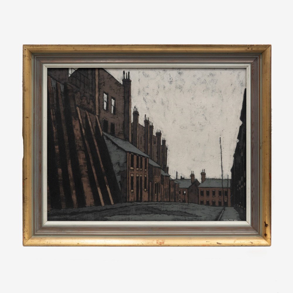 A mid-century framed oil painting on board depicting a Northern British industrial street lined with brick buildings and tall chimney pots.