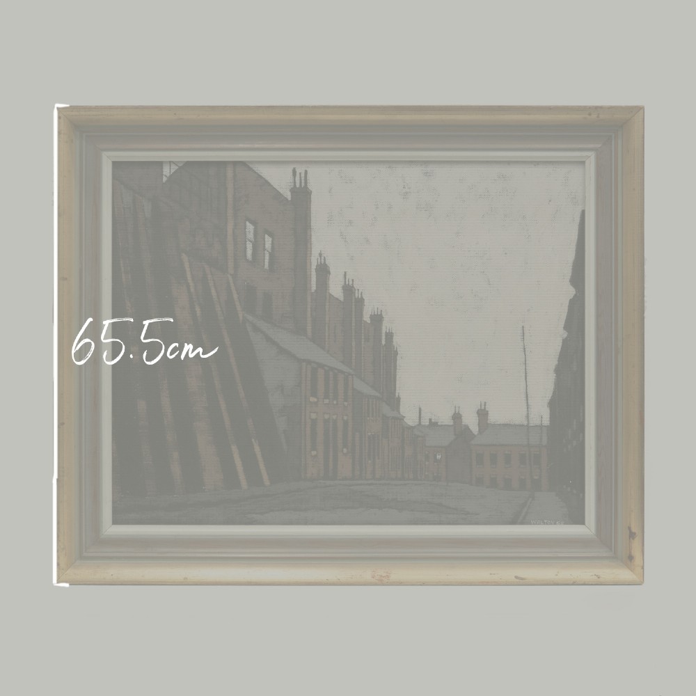 A mid-century framed oil painting on board depicting a Northern British industrial street lined with brick buildings and tall chimney pots. View II