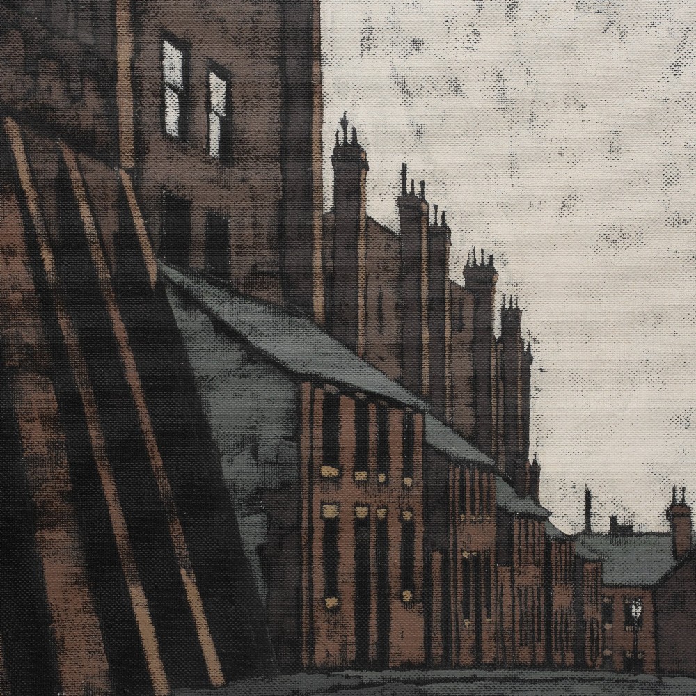 A mid-century framed oil painting on board depicting a Northern British industrial street lined with brick buildings and tall chimney pots. View IV