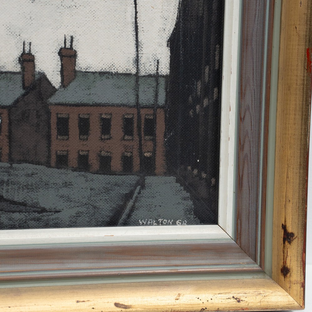 A mid-century framed oil painting on board depicting a Northern British industrial street lined with brick buildings and tall chimney pots. View V