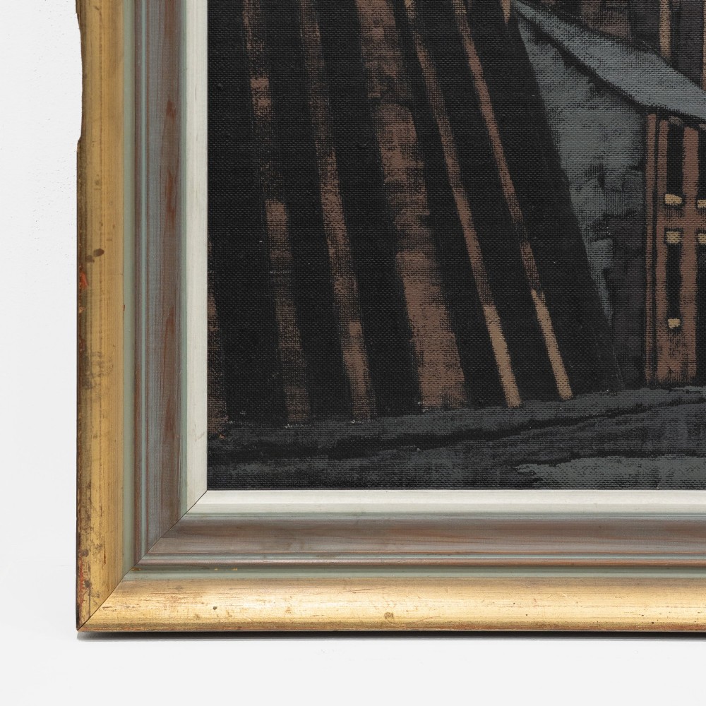 A mid-century framed oil painting on board depicting a Northern British industrial street lined with brick buildings and tall chimney pots. View VI