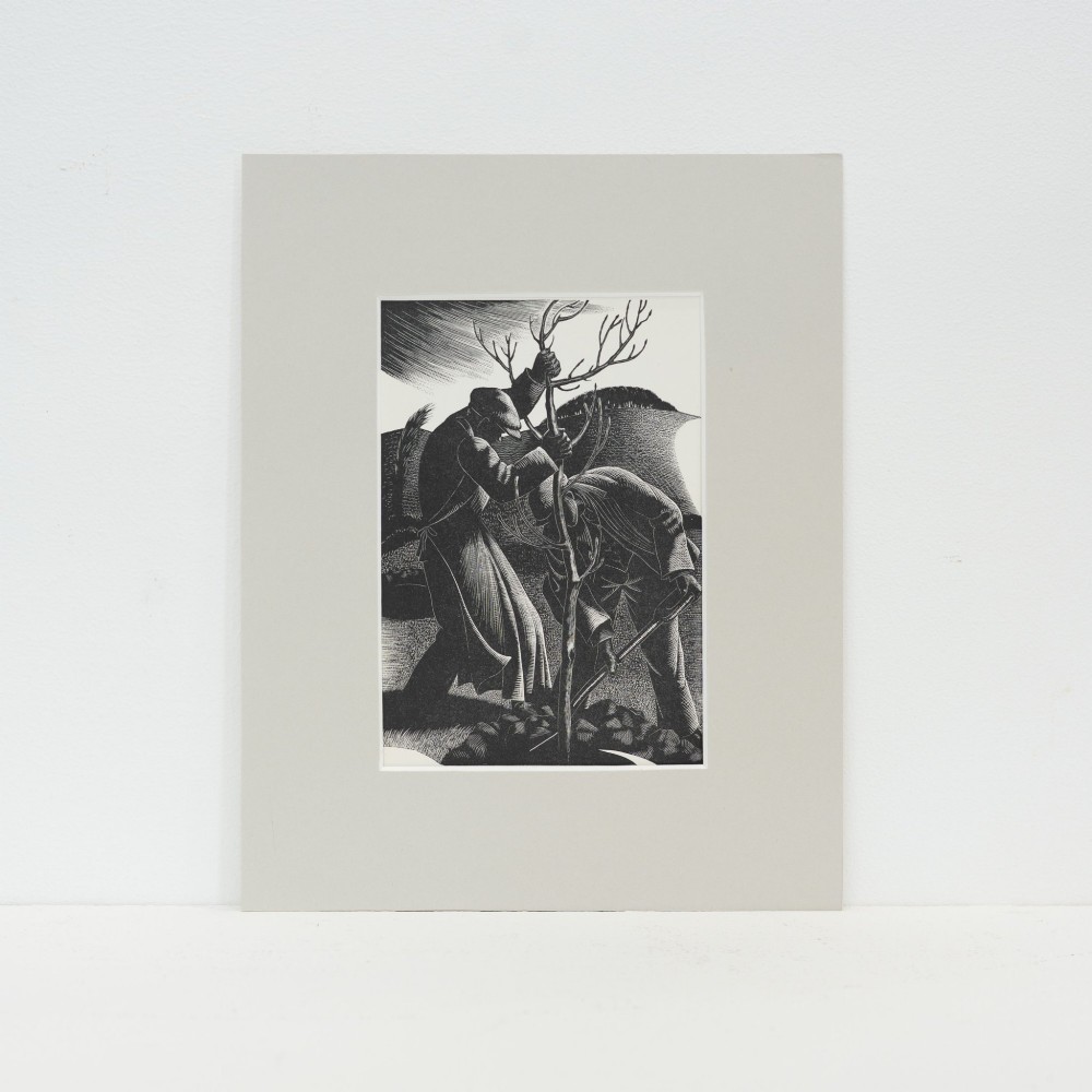 A black and white mounted wood engraving print depicting two figures planting a young tree in a rural landscape.