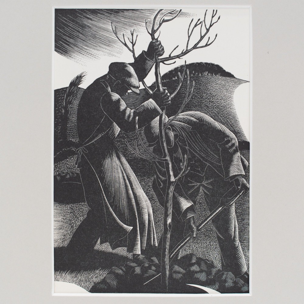 A black and white mounted wood engraving print depicting two figures planting a young tree in a rural landscape. View II