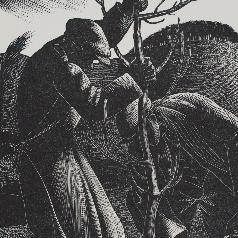 A black and white mounted wood engraving print depicting two figures planting a young tree in a rural landscape. View III