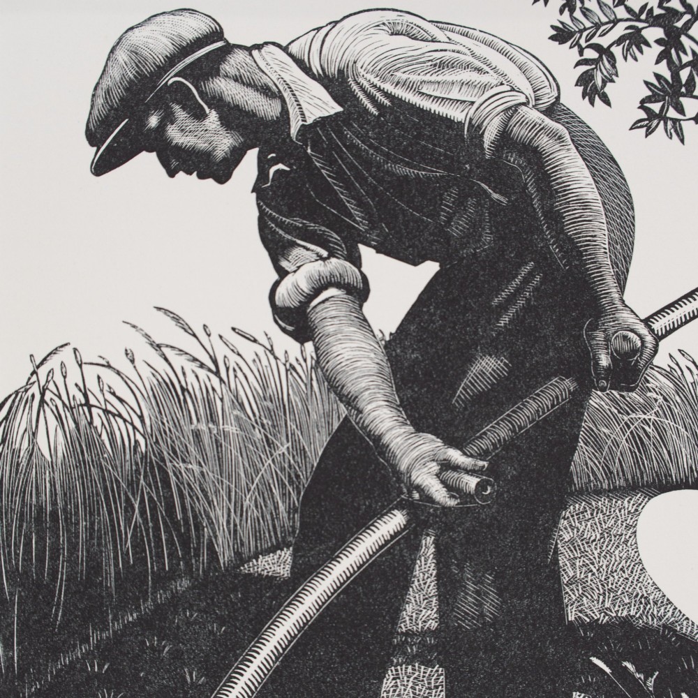 A black and white wood engraving of a male figure using a scythe in a field, presented within a neutral window mount. View III