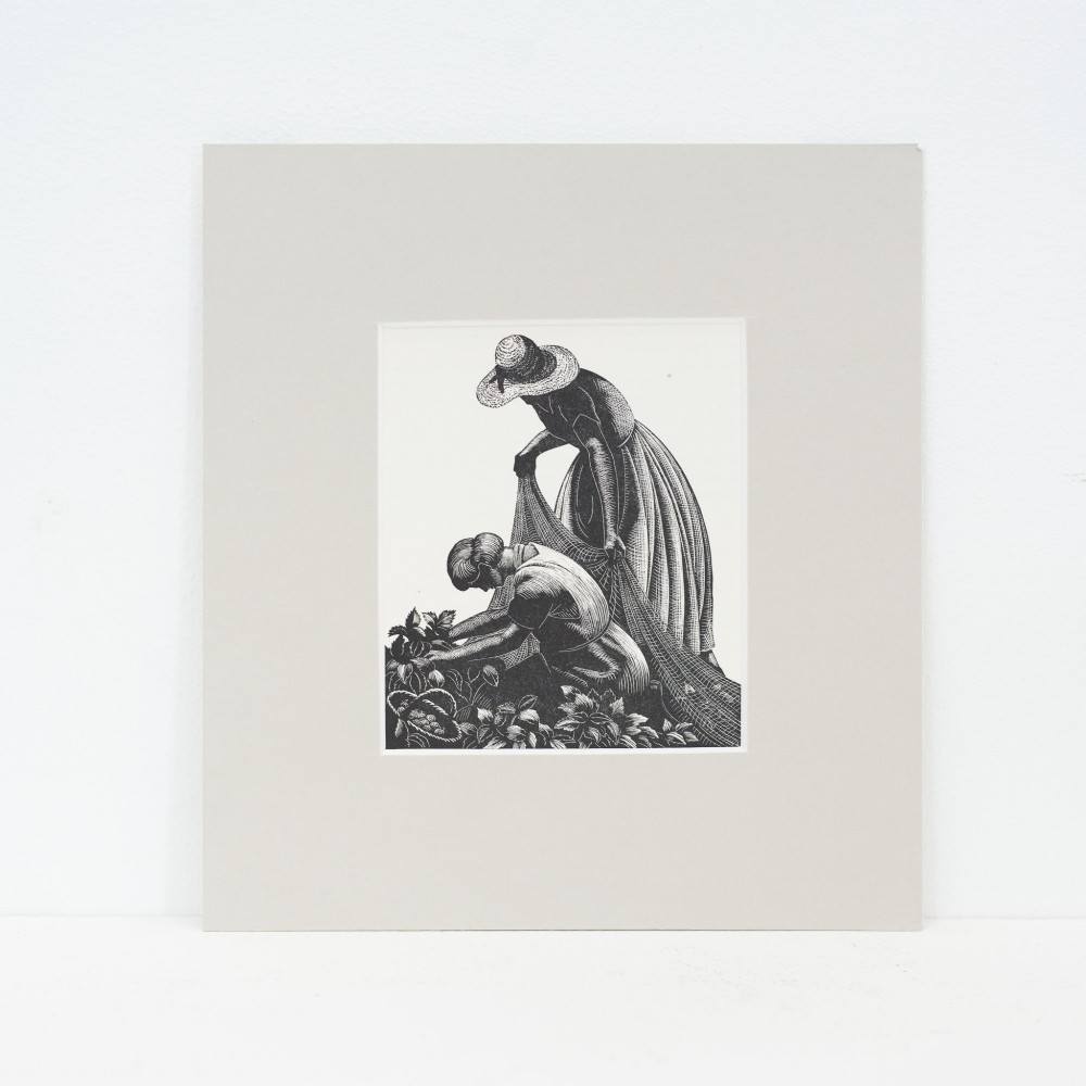 Black and white wood engraving depicting two women harvesting in a strawberry patch, presented within a grey card mount.