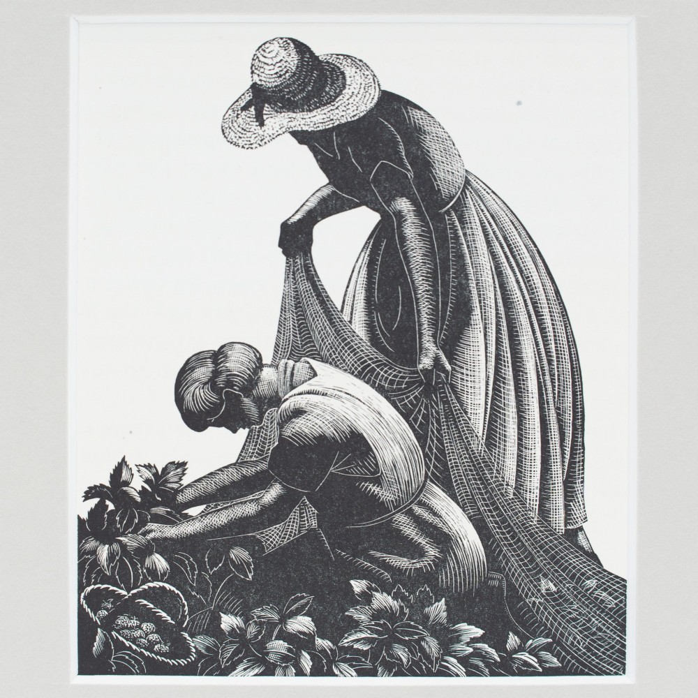 Black and white wood engraving depicting two women harvesting in a strawberry patch, presented within a grey card mount. View II