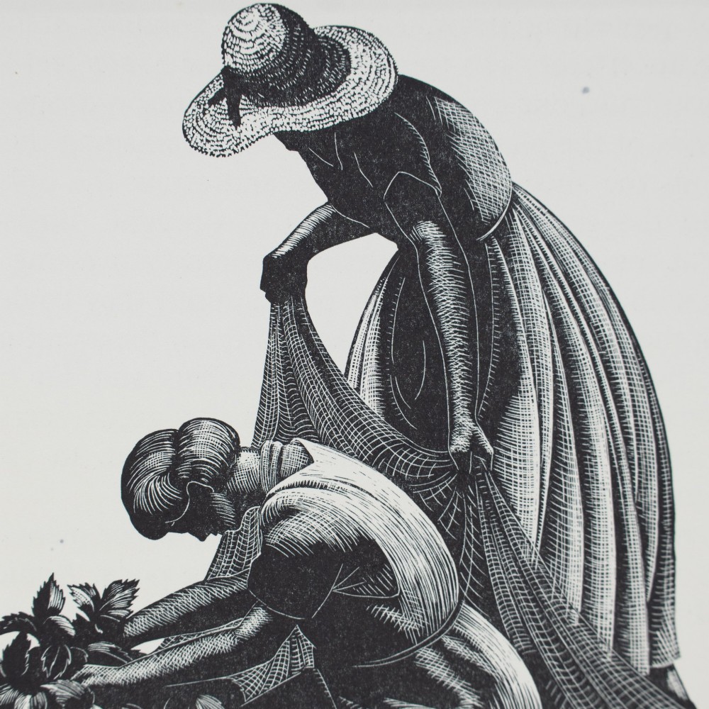 Black and white wood engraving depicting two women harvesting in a strawberry patch, presented within a grey card mount. View III