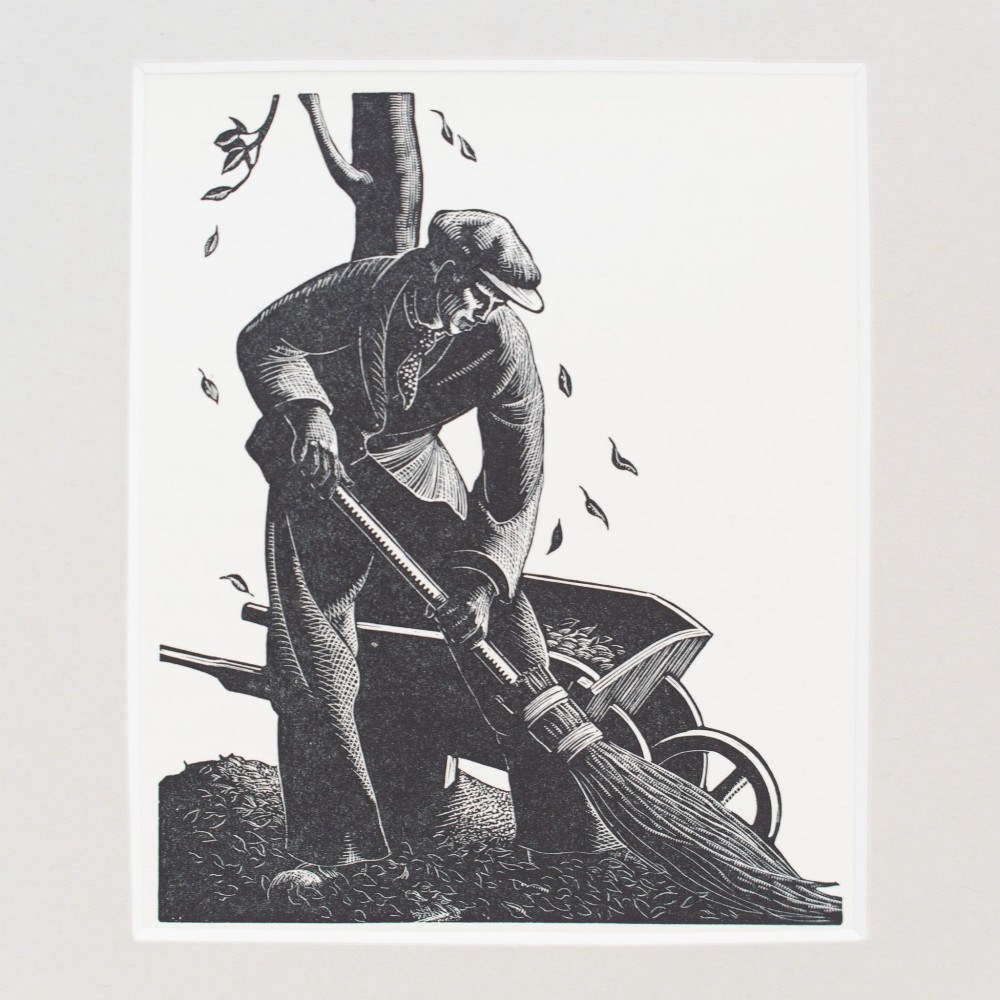 A black and white wood engraving depicting a figure sweeping falling autumn leaves with a broom alongside a wheelbarrow, mounted in a neutral card frame. View II
