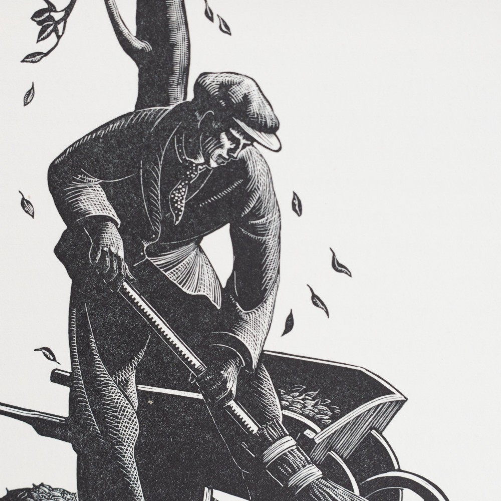 A black and white wood engraving depicting a figure sweeping falling autumn leaves with a broom alongside a wheelbarrow, mounted in a neutral card frame. View III
