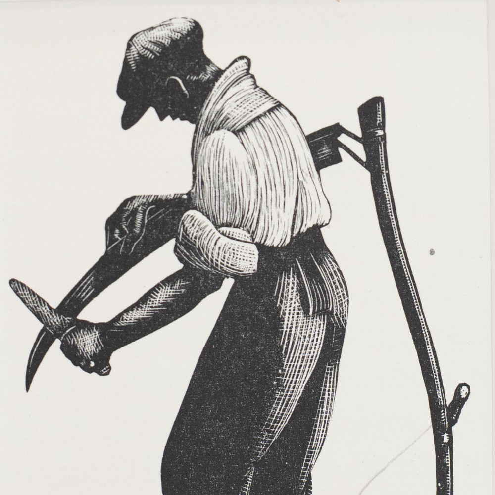 A monochrome wood engraving depicting a figure sharpening a scythe outdoors, presented within a wide neutral card mount. View III