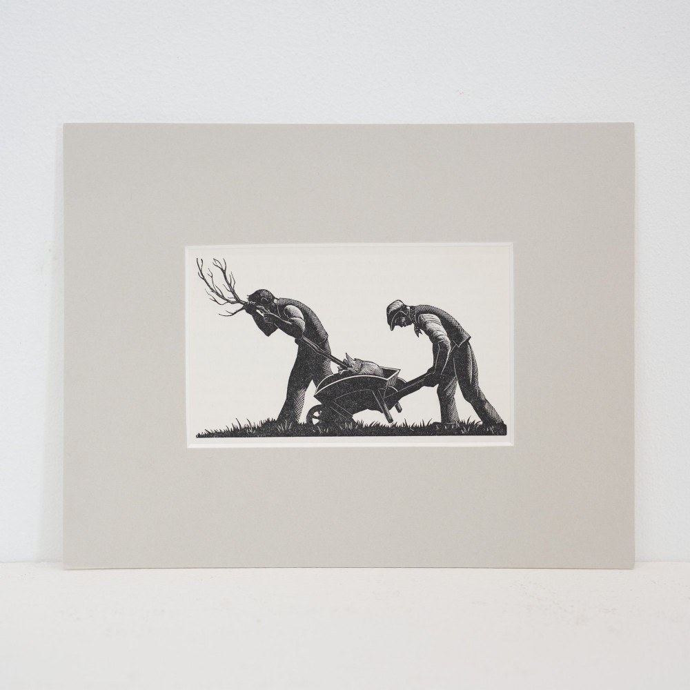 A mounted monochrome 1935 wood engraving by Clare Leighton depicting two men pushing a wheelbarrow and planting a young tree.