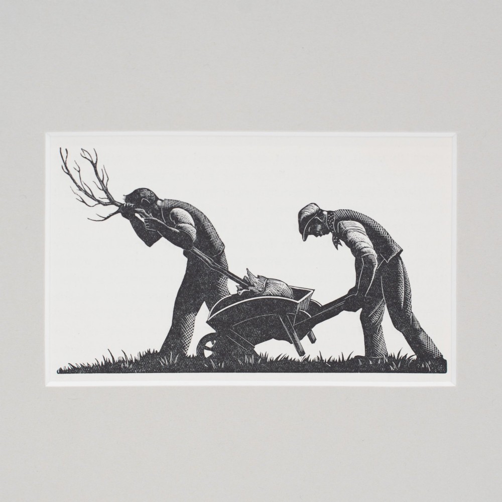 A mounted monochrome 1935 wood engraving by Clare Leighton depicting two men pushing a wheelbarrow and planting a young tree. View II