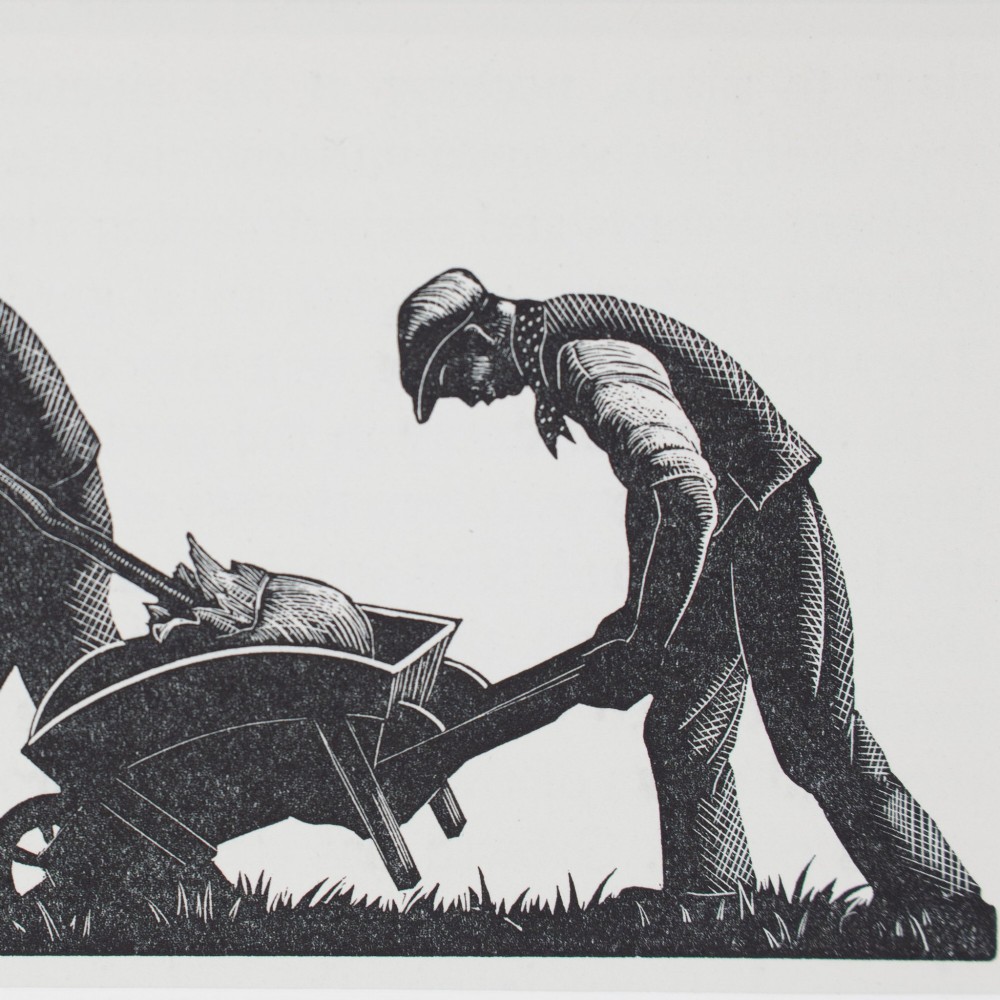 A mounted monochrome 1935 wood engraving by Clare Leighton depicting two men pushing a wheelbarrow and planting a young tree. View III