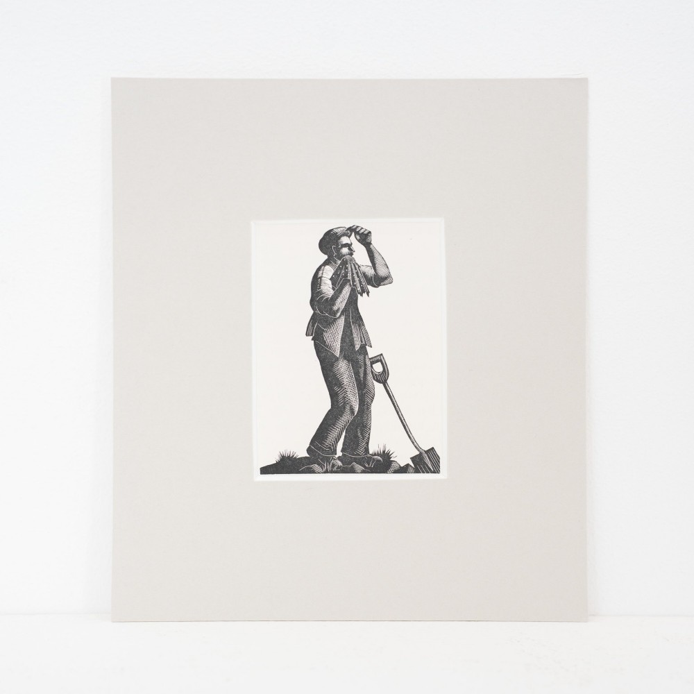 A black and white wood engraving depicting a figure wiping their face while holding a spade, presented in a light cream mount.