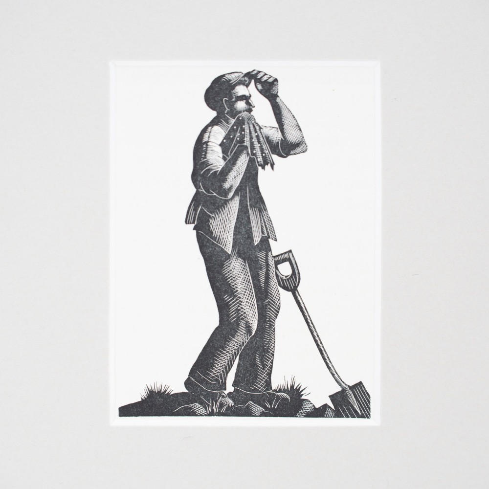 A black and white wood engraving depicting a figure wiping their face while holding a spade, presented in a light cream mount. View II